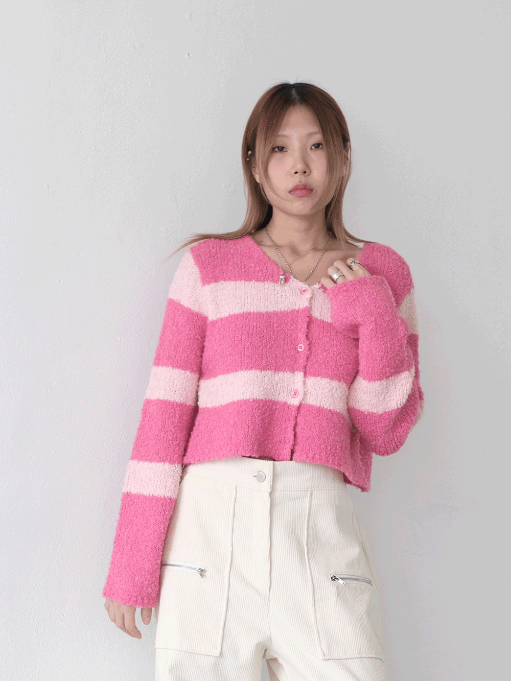 stripe alpaca wool crop cardigan
